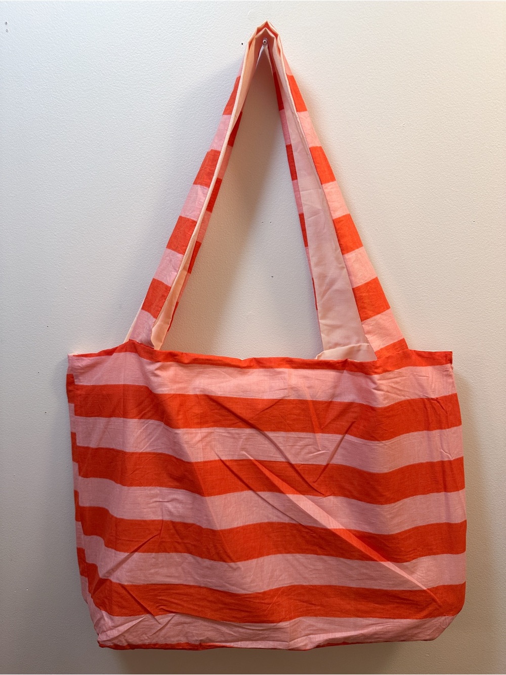 Handmade Orange Light Pink Striped Double Strap Deep Wide Medium Size Tote Bag